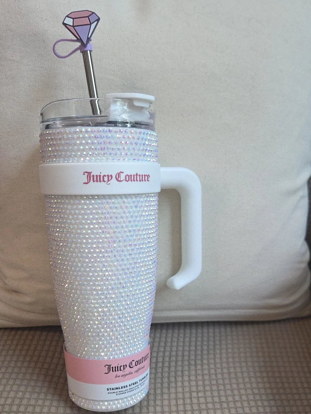 NWT Juicy Couture Iridescent Crystal Hot/Cold 40 oz. Cup with White Handle